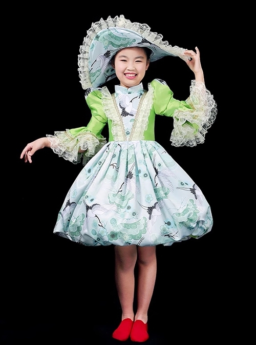 Demure Bright Green Satin White Crane Noble Long Sleeve High Waist Lace Classic Prom Lolita Child Dress