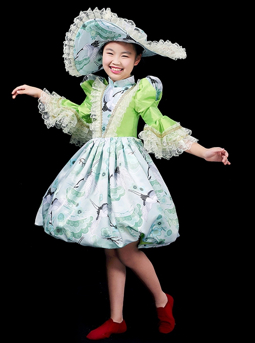 Demure Bright Green Satin White Crane Noble Long Sleeve High Waist Lace Classic Prom Lolita Child Dress