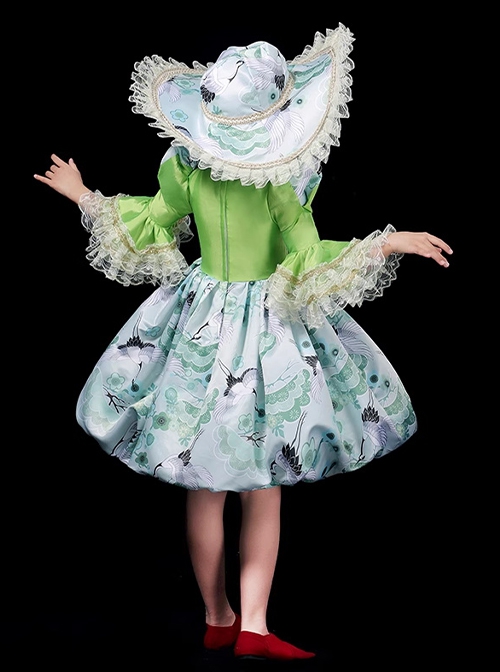 Demure Bright Green Satin White Crane Noble Long Sleeve High Waist Lace Classic Prom Lolita Child Dress