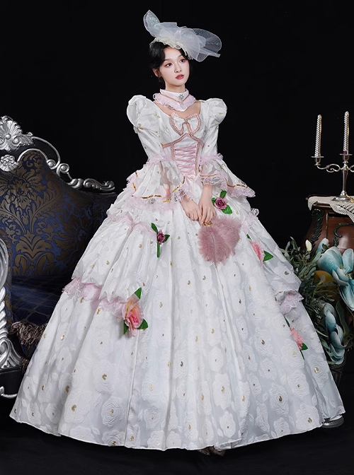 White Floral European Style Palace Cute Sweet Puff Sleeves Lace Ruffles Classic Prom Lolita Noble Lady Dress