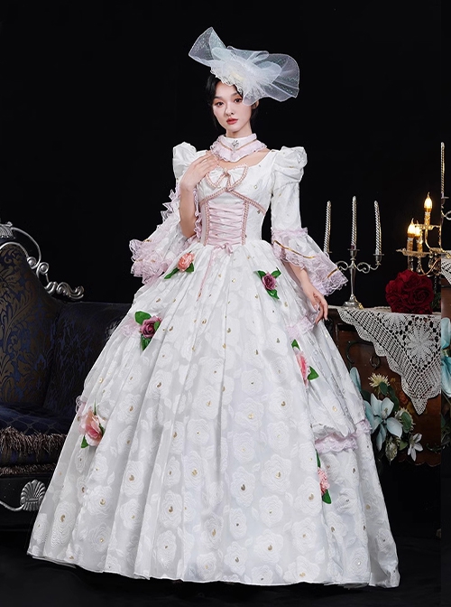 White Floral European Style Palace Cute Sweet Puff Sleeves Lace Ruffles Classic Prom Lolita Noble Lady Dress