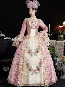 Pink Jacquard European Style Sweet Rococo Palace Delicate Flowers Ruffles Sleeves Lace Classic Prom Lolita Dress