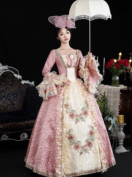 Pink Jacquard European Style Sweet Rococo Palace Delicate Flowers Ruffles Sleeves Lace Classic Prom Lolita Dress