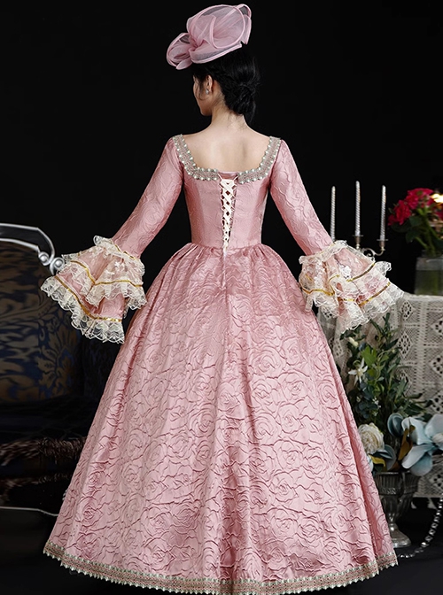 Pink Jacquard European Style Sweet Rococo Palace Delicate Flowers Ruffles Sleeves Lace Classic Prom Lolita Dress