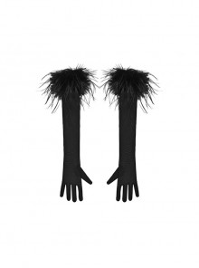 Shadow Of Snake Eyes Series Black Fur Fringe Mesh Yarn Gothic Punk Translucent Sexy Long Gloves