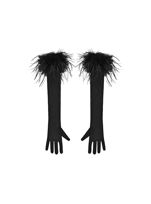 Shadow Of Snake Eyes Series Black Fur Fringe Mesh Yarn Gothic Punk Translucent Sexy Long Gloves