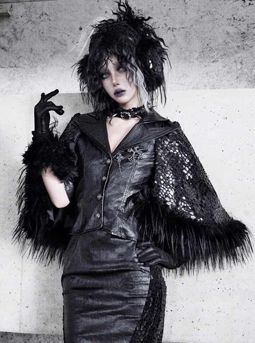 Shadow Of Snake Eyes Series Black Gothic Punk Siren Environmentally Friendly Fur Suit Cape Coat