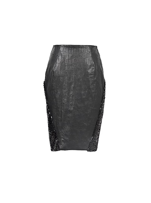 Shadow Of Snake Eyes Series Black Gothic Punk Office Kraken Black Leather Straight A Line Skirt