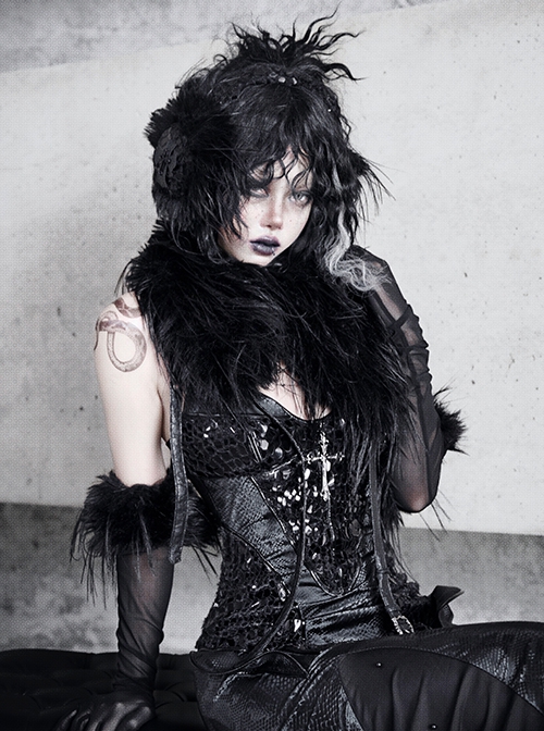 Shadow Of Snake Eyes Series Black Gothic Punk Lush Black Long Environmentally Friendly Fur Collar Scarf