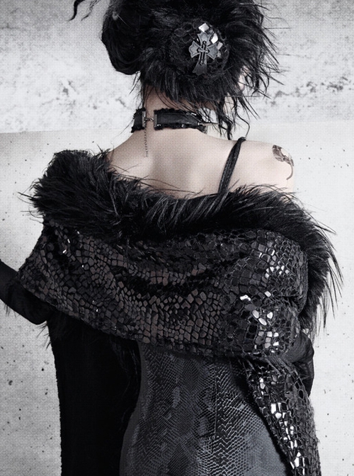 Shadow Of Snake Eyes Series Black Gothic Punk Lush Black Long Fur Multi-Wear Warm Windproof Large Scarf