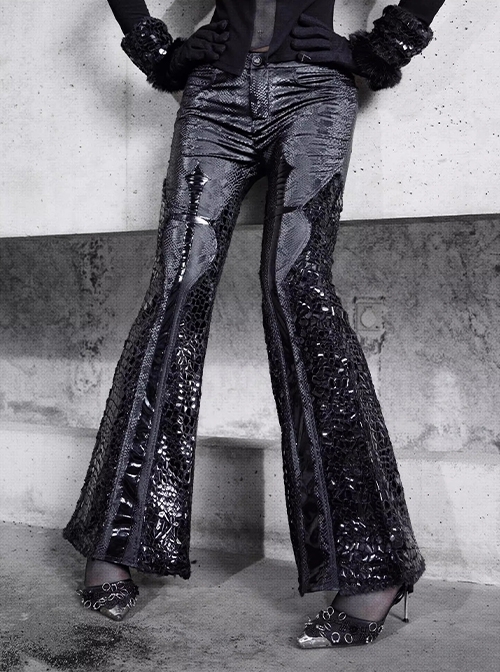 Shadow Of Snake Eyes Series Black Gothic Punk Patent Leather Sequins Slim Fit Thickened Low Waist Flared Trousers