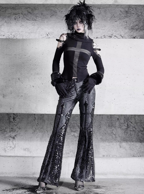 Shadow Of Snake Eyes Series Black Gothic Punk Patent Leather Sequins Slim Fit Thickened Low Waist Flared Trousers