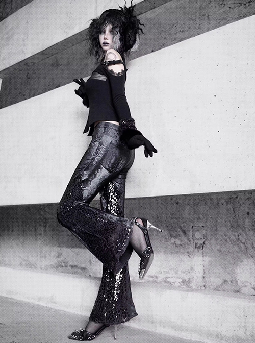 Shadow Of Snake Eyes Series Black Gothic Punk Patent Leather Sequins Slim Fit Thickened Low Waist Flared Trousers