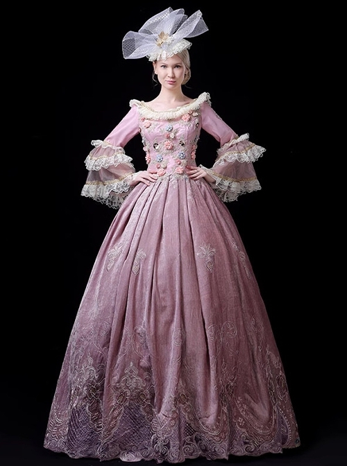 Pink Crew Neckline European Style Sweet Rococo Palace 3D Flowers Performance Costume Host Classic Prom Lolita Dress