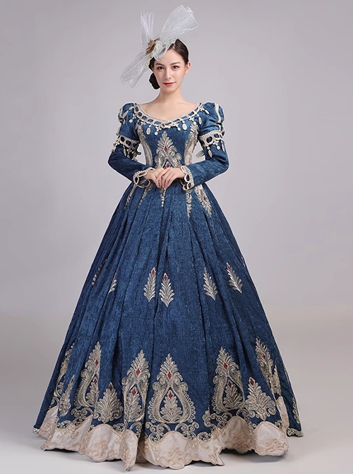 Traditional European Nobility Middle Ages Retro Costume Host Prom Lolita V Neckline Puff Sleeves Dress