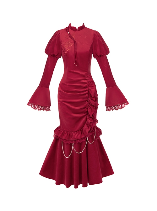 Red Embroidered Velvet Chinese New Year Style Classic Lolita Fishtail Lace Pearls Cheongsam Dress