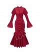 Red Embroidered Velvet Chinese New Year Style Classic Lolita Fishtail Lace Pearls Cheongsam Dress