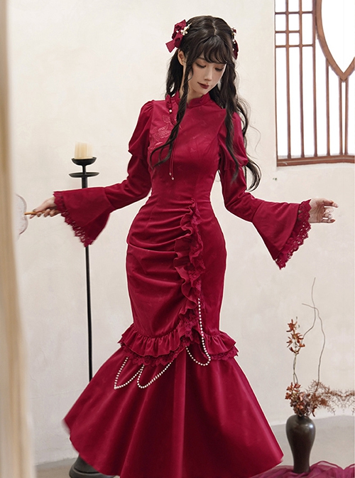 Red Embroidered Velvet Chinese New Year Style Classic Lolita Fishtail Lace Pearls Cheongsam Dress