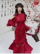 Red Embroidered Velvet Chinese New Year Style Classic Lolita Fishtail Lace Pearls Cheongsam Dress