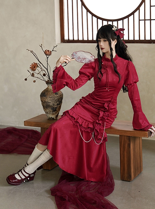 Red Embroidered Velvet Chinese New Year Style Classic Lolita Fishtail Lace Pearls Cheongsam Dress