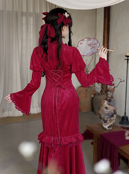 Red Embroidered Velvet Chinese New Year Style Classic Lolita Fishtail Lace Pearls Cheongsam Dress