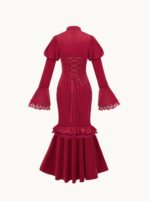 Red Embroidered Velvet Chinese New Year Style Classic Lolita Fishtail Lace Pearls Cheongsam Dress