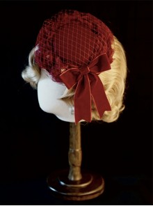 Refined Elegant Handmade Retro Wine Red Classic Lolita Mesh Yarn Lace Velvet Bowknot Hat