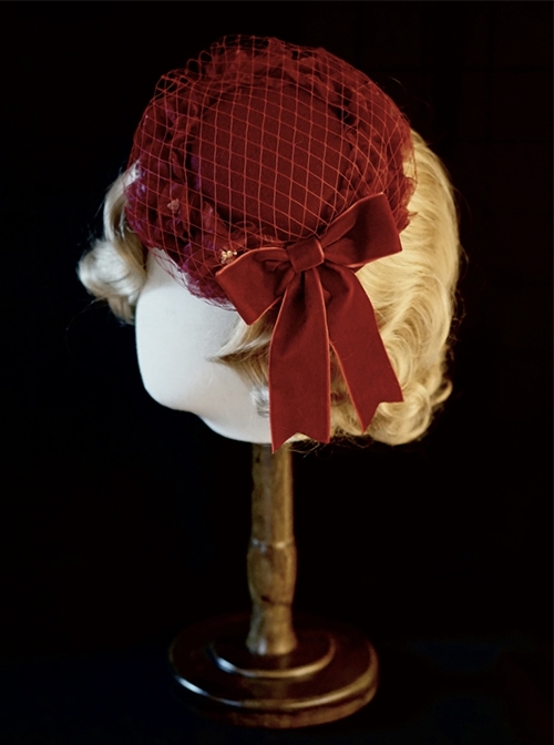 Refined Elegant Handmade Retro Wine Red Classic Lolita Mesh Yarn Lace Velvet Bowknot Hat