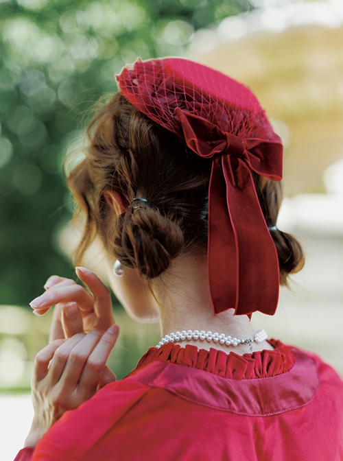 Refined Elegant Handmade Retro Wine Red Classic Lolita Mesh Yarn Lace Velvet Bowknot Hat