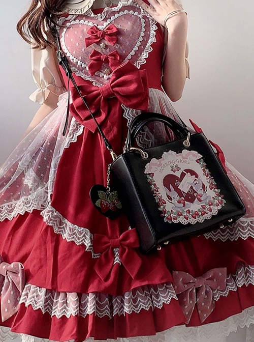 Berry Rabbit Series Retro Strawberry Dessert Cake Bunny Sweet Lolita Polka Crossbody Square Bag