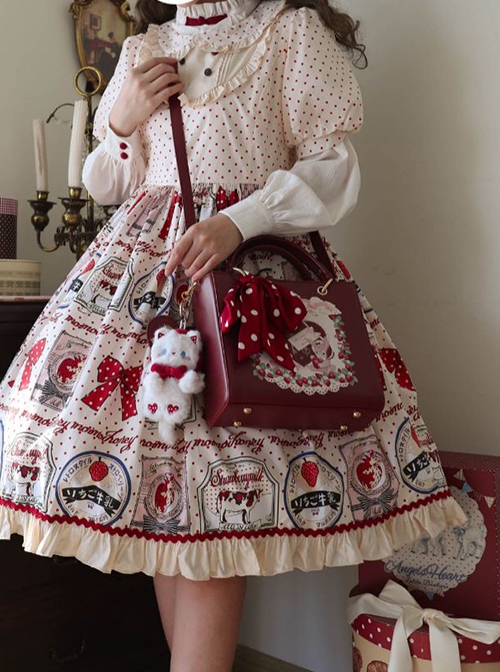 Berry Rabbit Series Retro Strawberry Dessert Cake Bunny Sweet Lolita Polka Crossbody Square Bag