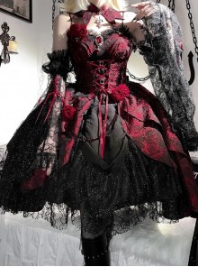 Gorgeous 3D Rose Ruby Red Dark Gothic Lolita Jacquard Lace Mesh Yarn Sexy Suspender Dress