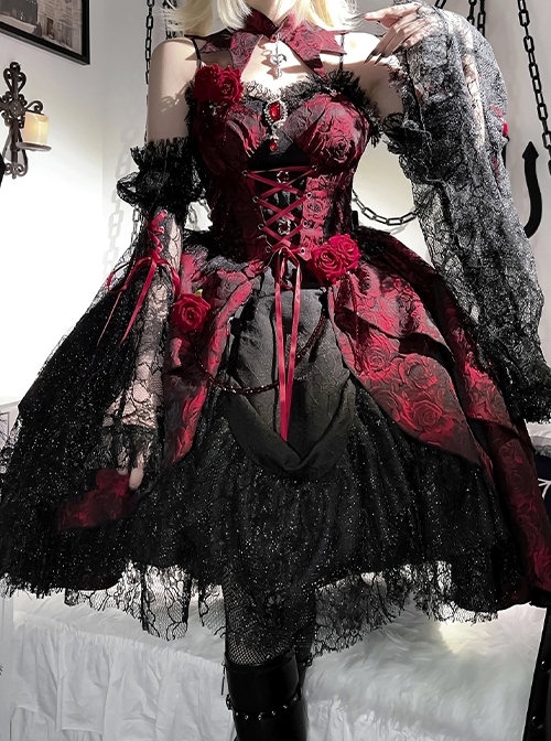 Gorgeous 3D Rose Ruby Red Dark Gothic Lolita Jacquard Lace Mesh Yarn Sexy Suspender Dress