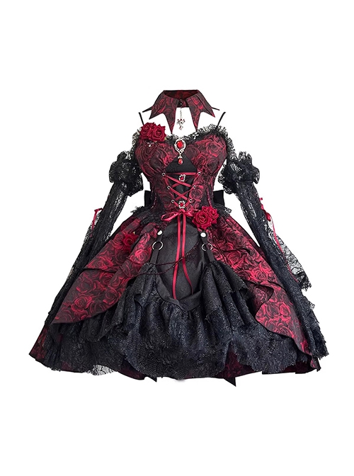 Gorgeous 3D Rose Ruby Red Dark Gothic Lolita Jacquard Lace Mesh Yarn Sexy Suspender Dress