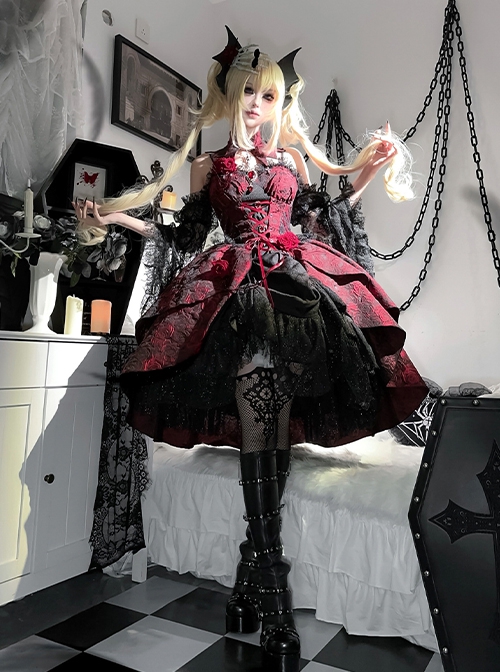 Gorgeous 3D Rose Ruby Red Dark Gothic Lolita Jacquard Lace Mesh Yarn Sexy Suspender Dress