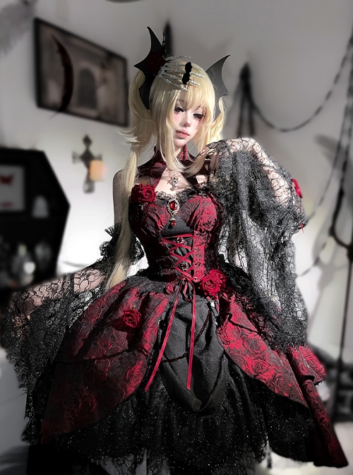 Gorgeous 3D Rose Ruby Red Dark Gothic Lolita Jacquard Lace Mesh Yarn Sexy Suspender Dress