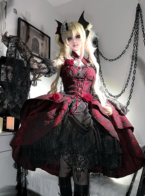 Gorgeous 3D Rose Ruby Red Dark Gothic Lolita Jacquard Lace Mesh Yarn Sexy Suspender Dress