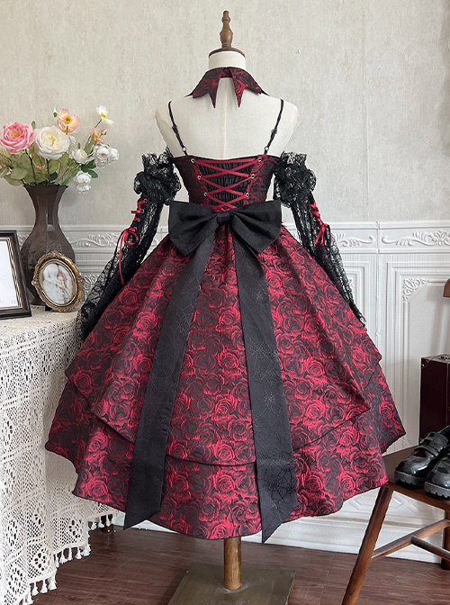 Gorgeous 3D Rose Ruby Red Dark Gothic Lolita Jacquard Lace Mesh Yarn Sexy Suspender Dress