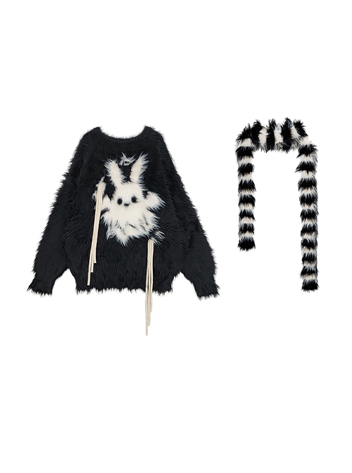 Angel Rabbit Ghost Series Sweet Cool Dark Rabbit Pattern Kawaii Fashion Loose Black White Scarf Sweater Set