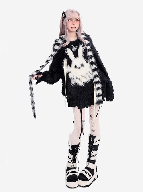 Angel Rabbit Ghost Series Sweet Cool Dark Rabbit Pattern Kawaii Fashion Loose Black White Scarf Sweater Set