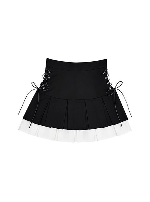 Saint Girl Domain Series Daily Girlish Cross Strap Kawaii Fashion Color Block High Waist Skirt