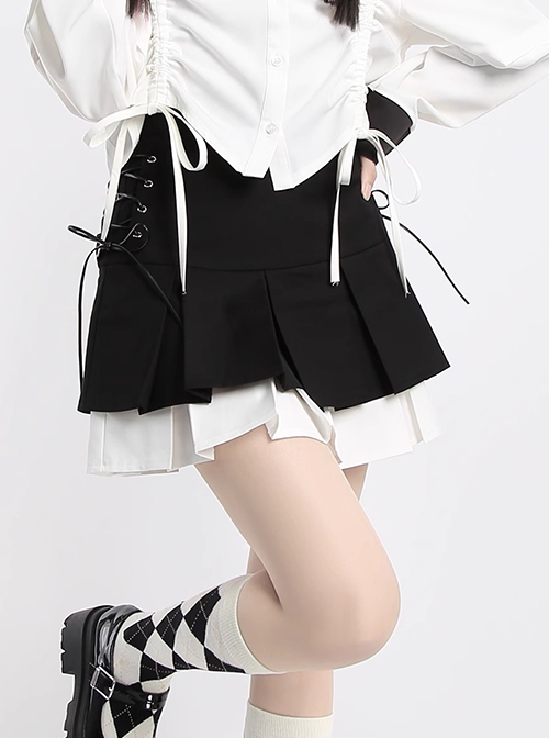 Saint Girl Domain Series Daily Girlish Cross Strap Kawaii Fashion Color Block High Waist Skirt