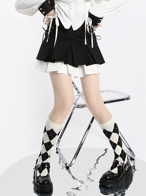 Saint Girl Domain Series Daily Girlish Cross Strap Kawaii Fashion Color Block High Waist Skirt