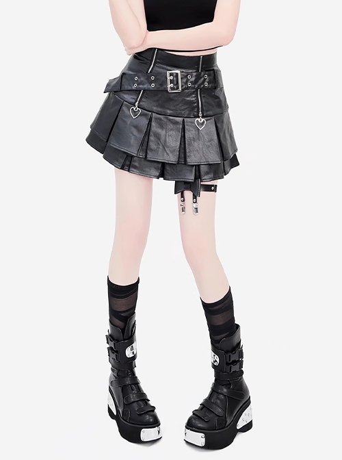 Heartbeat Tracking Series A Line Punk Cool Y2K Subculture Kawaii Fashion Black High Waist Leather Skirt