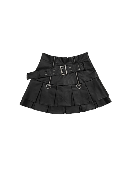 Heartbeat Tracking Series A Line Punk Cool Y2K Subculture Kawaii Fashion Black High Waist Leather Skirt