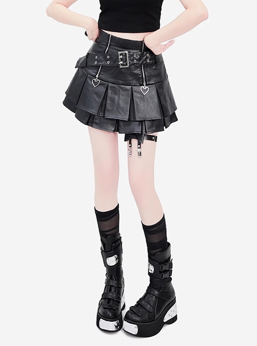 Heartbeat Tracking Series A Line Punk Cool Y2K Subculture Kawaii Fashion Black High Waist Leather Skirt