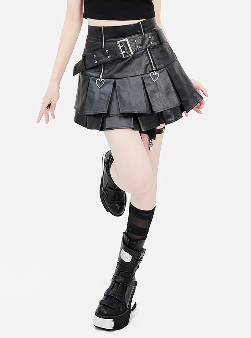 Heartbeat Tracking Series A Line Punk Cool Y2K Subculture Kawaii Fashion Black High Waist Leather Skirt