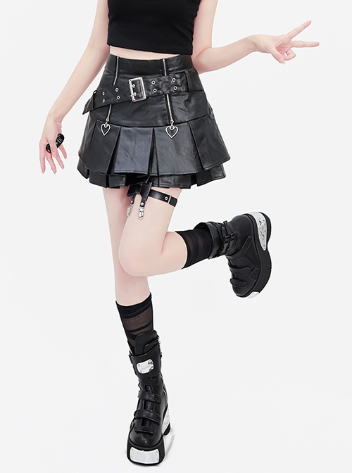 Heartbeat Tracking Series A Line Punk Cool Y2K Subculture Kawaii Fashion Black High Waist Leather Skirt