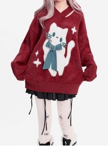 Cute Little White Series Subculture Christmas V Neck Bow Cat Pattern Kawaii Fashion Red Sweater