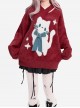 Cute Little White Series Subculture Christmas V Neck Bow Cat Pattern Kawaii Fashion Red Sweater